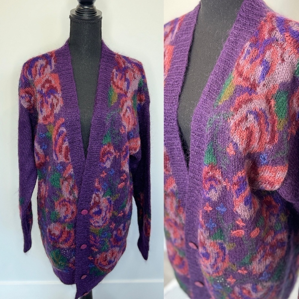 Casual Corner Knitted by Hand Purple Floral Front Button Wool Blend Cardigan